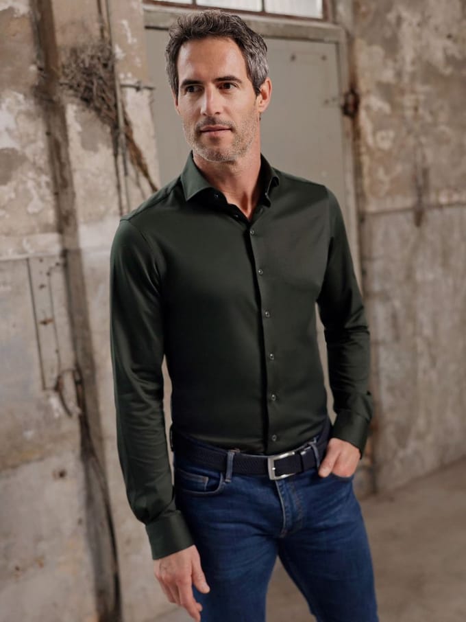R2 Overhemd Dobby Travel Shirt Donkergroen - Maat 41 - Heren - Overhemden Formeel