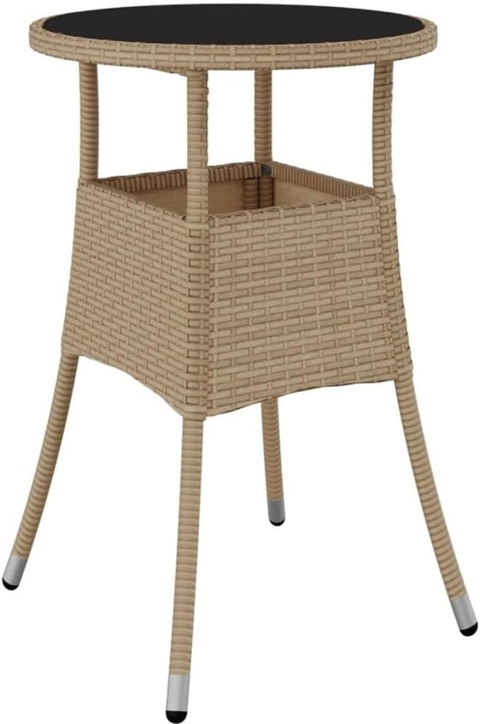Ronde Tuintafel met Gehard Glas Tafelblad en Poly Rattan - Beige