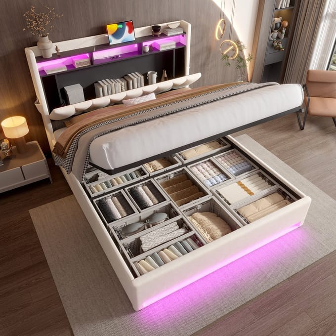 Bedframe - 140x200 cm - Modern met LED - USB-C en Opbergruimte - Gestoffeerd - Beige
