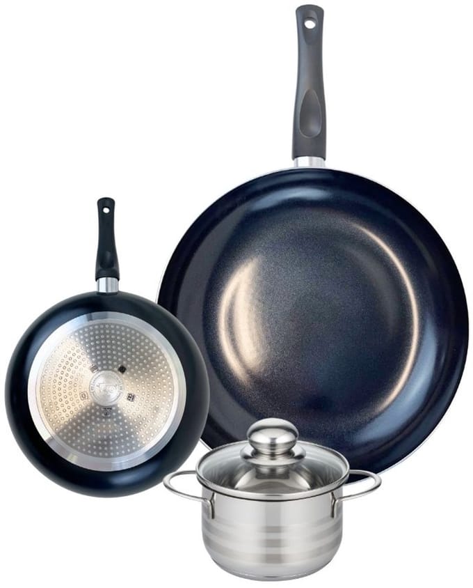 Set van 2 Koekenpannen 20 en 32 cm en 1 braadpan 14 cm Elo Prima Brillant