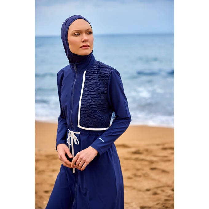 Marineblauwe, bescheiden badmode Burkini-set met volledige dekking
