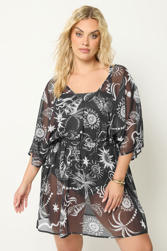 Yours Zwarte Strandprint Mesh Bloemenprint Strandkaftan Size 46-48