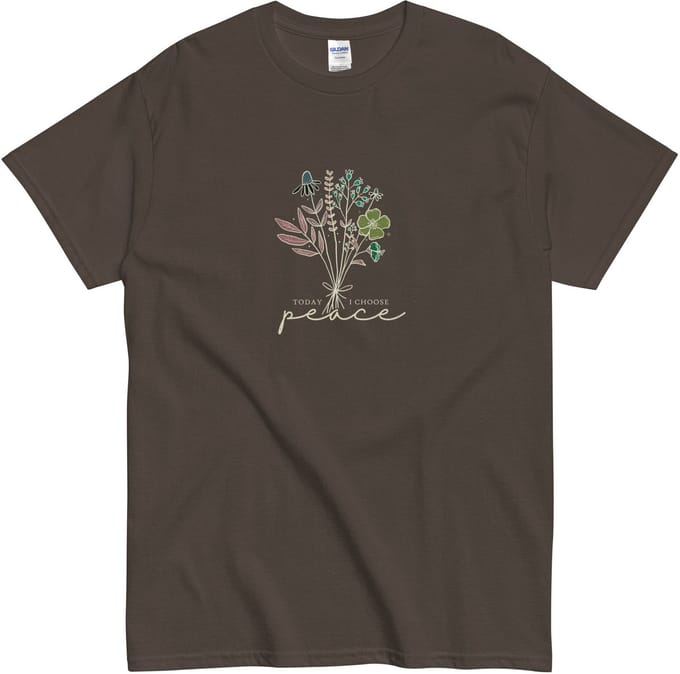 Minimalistisch Dames & Heren Tshirt - Bloemen en Vrede Tekst: Today I Choose Peace - Bruin - L