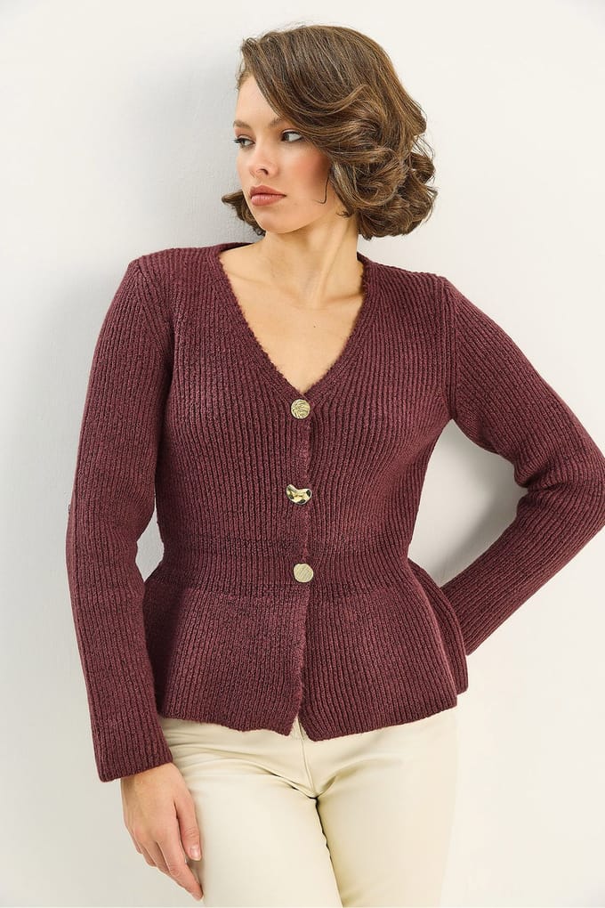 Geribde Lange Mouwen V-Hals Cardigan met Knopen