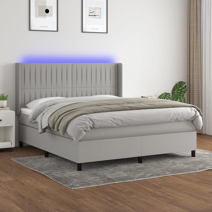 vidaXL - Boxspring - met - matras - en - LED - stof - lichtgrijs - 160x200 - cm