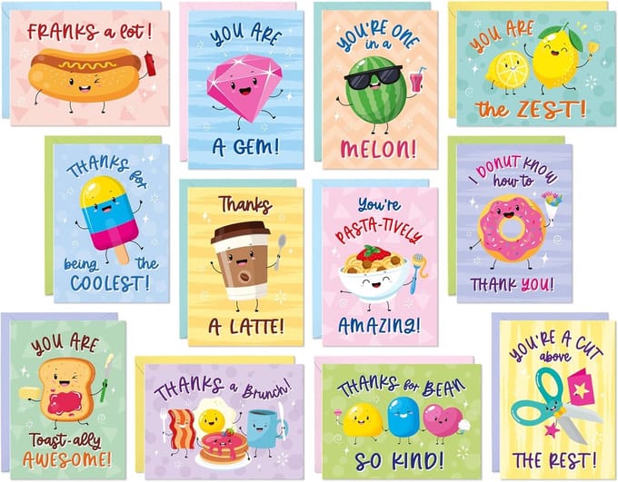 Set van 24 grappige bedankkaartjes voor brunch en waardering