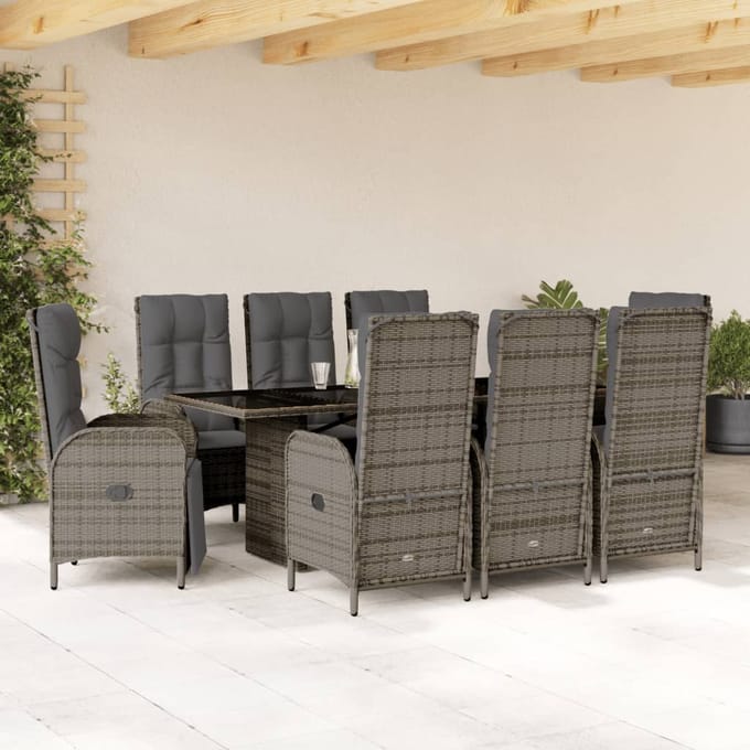 vidaXL - 9-delige - Tuinset - met - kussens - poly - rattan - grijs