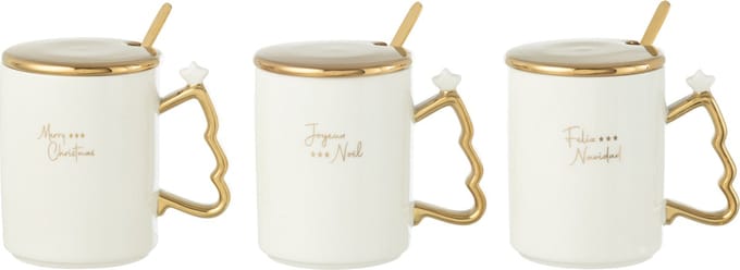J-Line kop + lepeltje Kerst - keramiek - wit/goud - 3 stuks