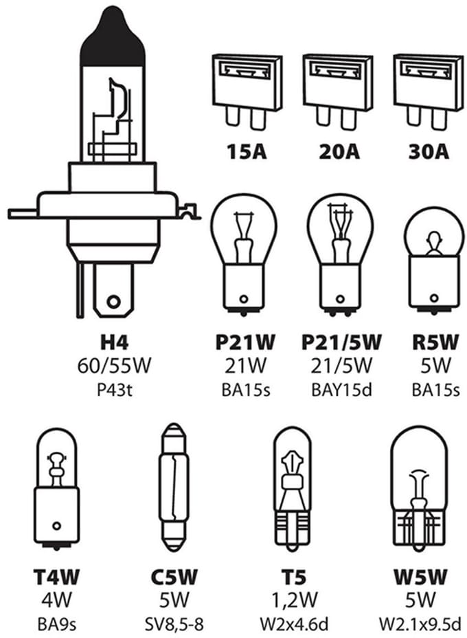 H4 Halogeen reservelampenset 12V - 11 stuks