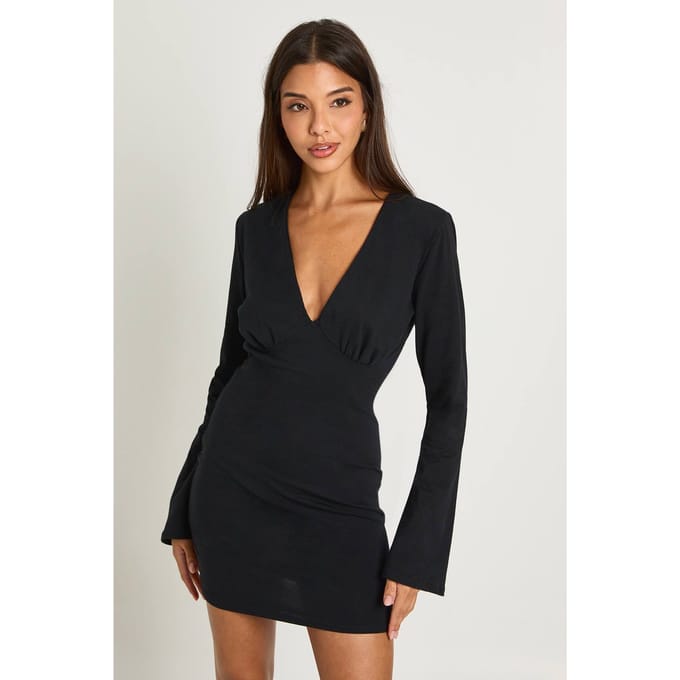 boohoo Dames V-hals lange mouw minijurk | Black | Maat: 14