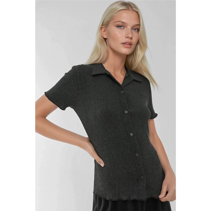 Gestructureerde Korte Mouwen Blouse met Shirtkraag