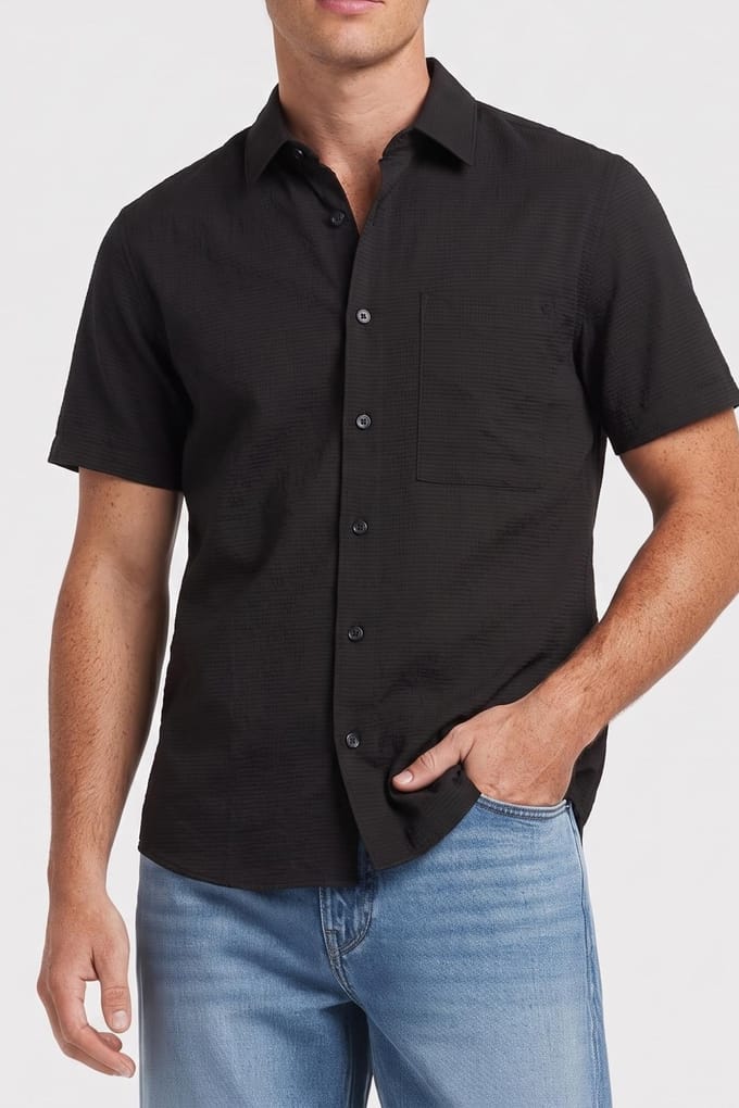 Calvin Klein Ss Solid Seersucker Shirt Black Größe: XL | Casual hemden Outlet | Herren | Schwarz