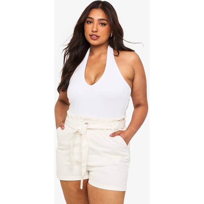 boohoo Dames Plus denim short met paperbag taille | Ecru | Maat: 54