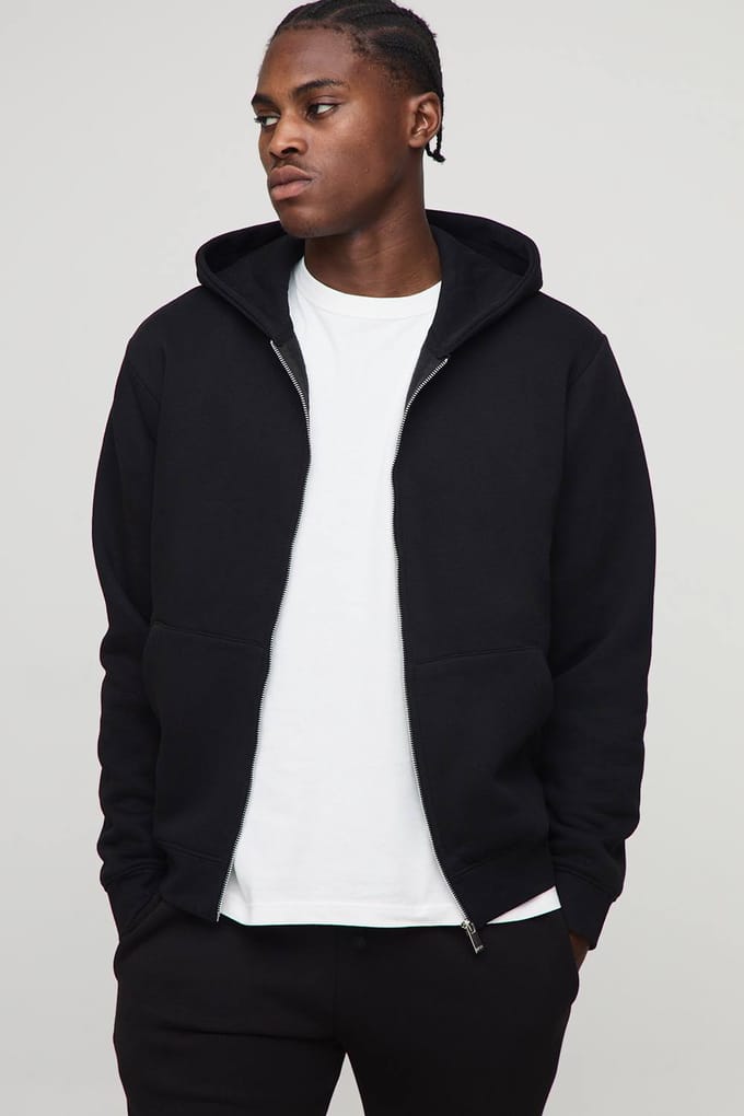 Essential Regular Zip Through Hoodie | Black | Size Medium