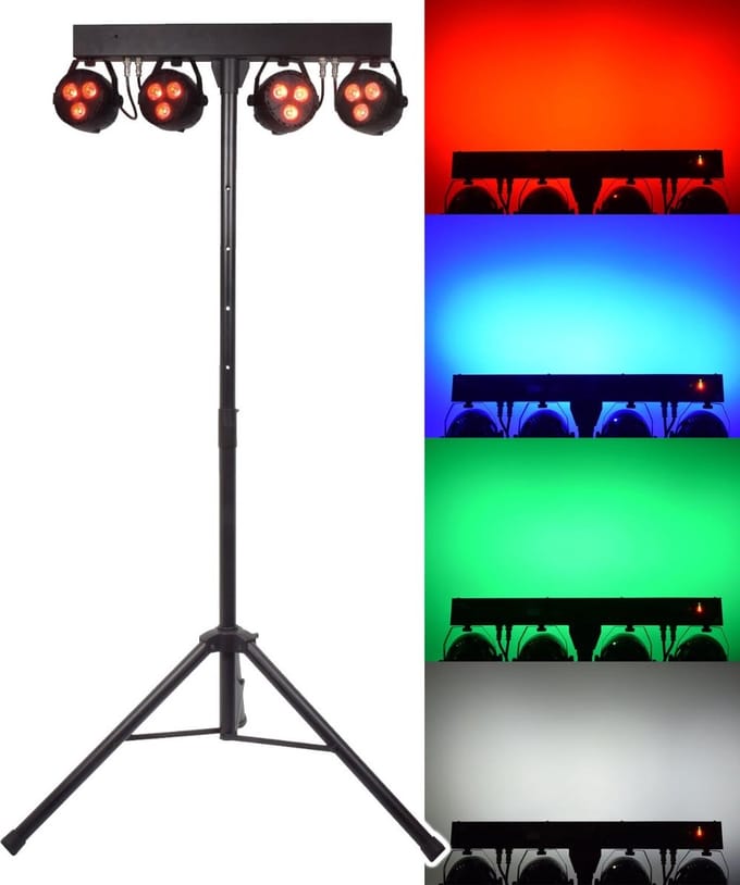 QTX oplaadbare LED-lichtset op T-bar met 4 RGBW PAR-lampen, accu tot 6 uur en statief 2,3 m
