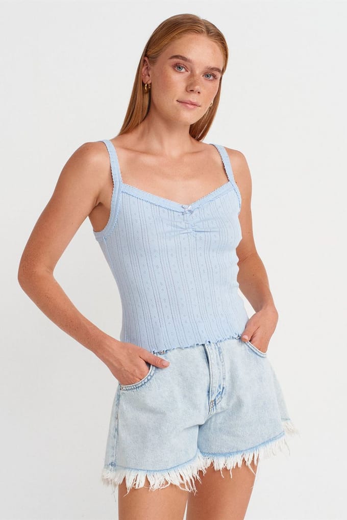 Katoenen Geribbelde Vierkante Hals Cami Blouse