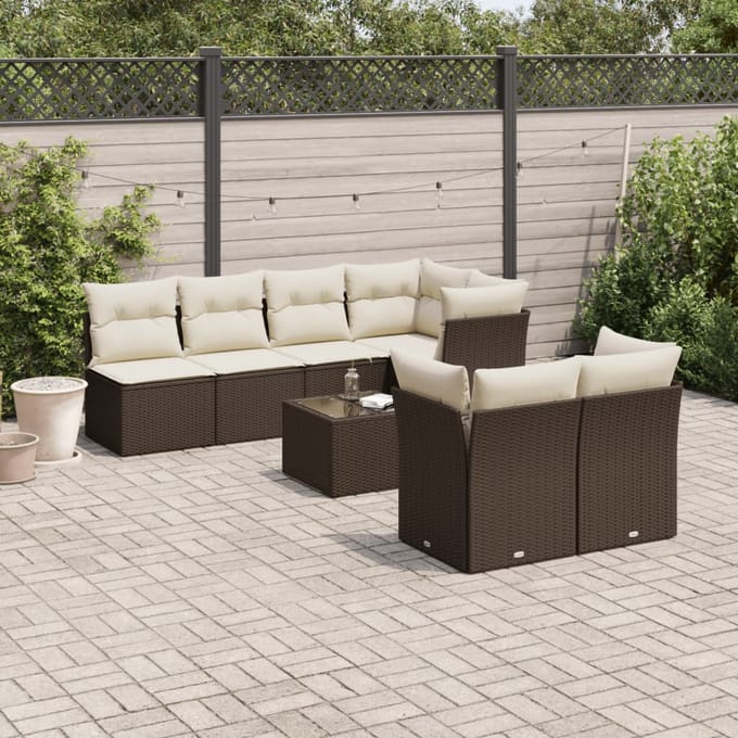 vidaXL - 8-delige - Loungeset - met - kussens - poly - rattan - bruin