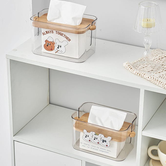 Tissuehouder met Houten Deksel Ophefbaar Plastic Gezichtspapierdoos Transparante Servethouder Type 2 One Size white
