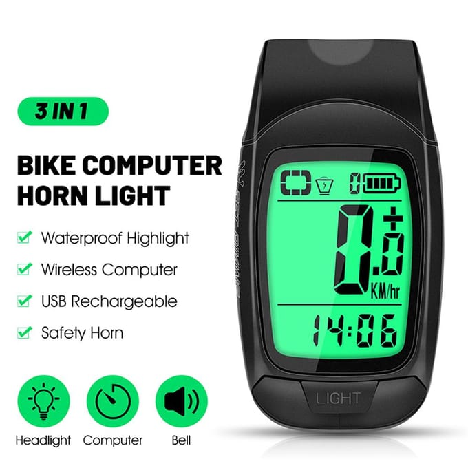 Multifunctionele fietssnelheidsmeter Draadloze fietssnelheidsmeter met licht en hoorn USB zwart