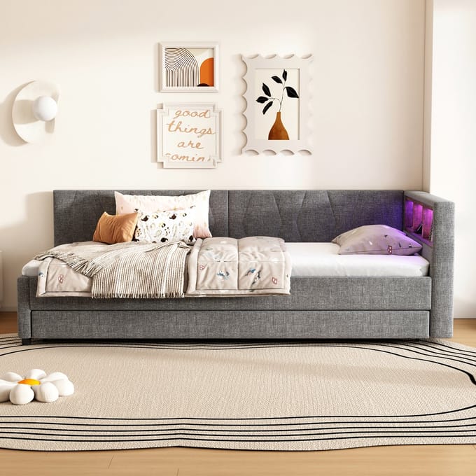 Wishdor Dagbed 90x200 cm – Uitschuifbed – LED Lichtstrip – USB en Type-C – Opbergvakken – Linnen – Grijs