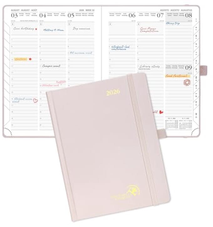 Wekelijkse Agenda 2026 - 22 x 16,5 cm - Harde Kaft Schoolkalender - FSC® Gecertificeerd - Lichtroze