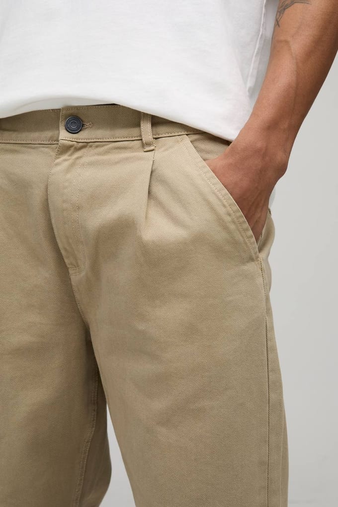 Relaxed Fit Half & Half Tailleband Gewassen Twill Broek | Taupe | Size Medium