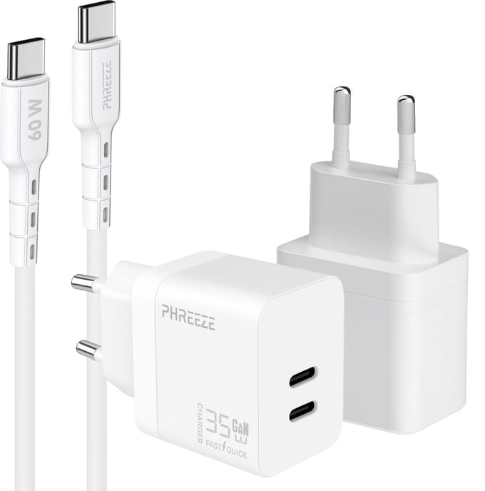 Phreeze usb C oplader 35w met usb C naar usb C kabel 1 meter - Power Delivery snellader - GaN charger met 2 usb C poorten