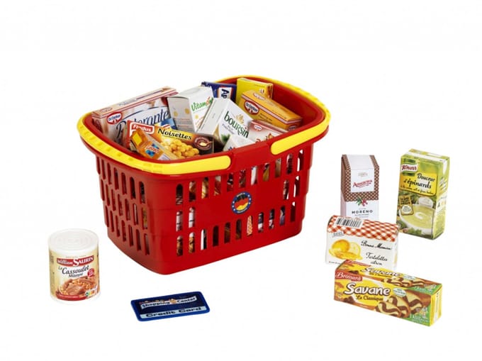 Klein winkelmand speelgoed met Franse producten - educatief rollenspel.
