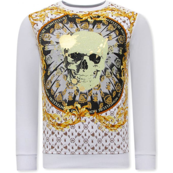 Heren Sweater met Print - Skull Strass - 3796 - Wit