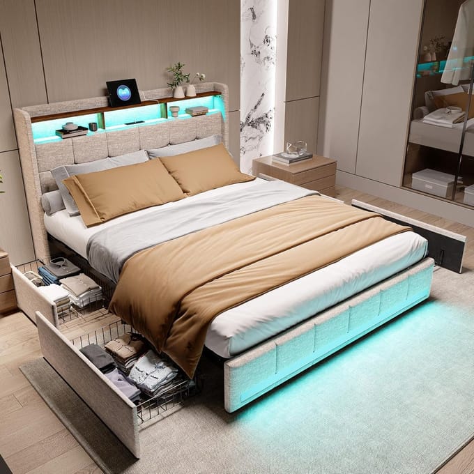 Tweepersoonsbed 140x200 cm met Opbergruimte, USB-Opladen en LED Verlichting