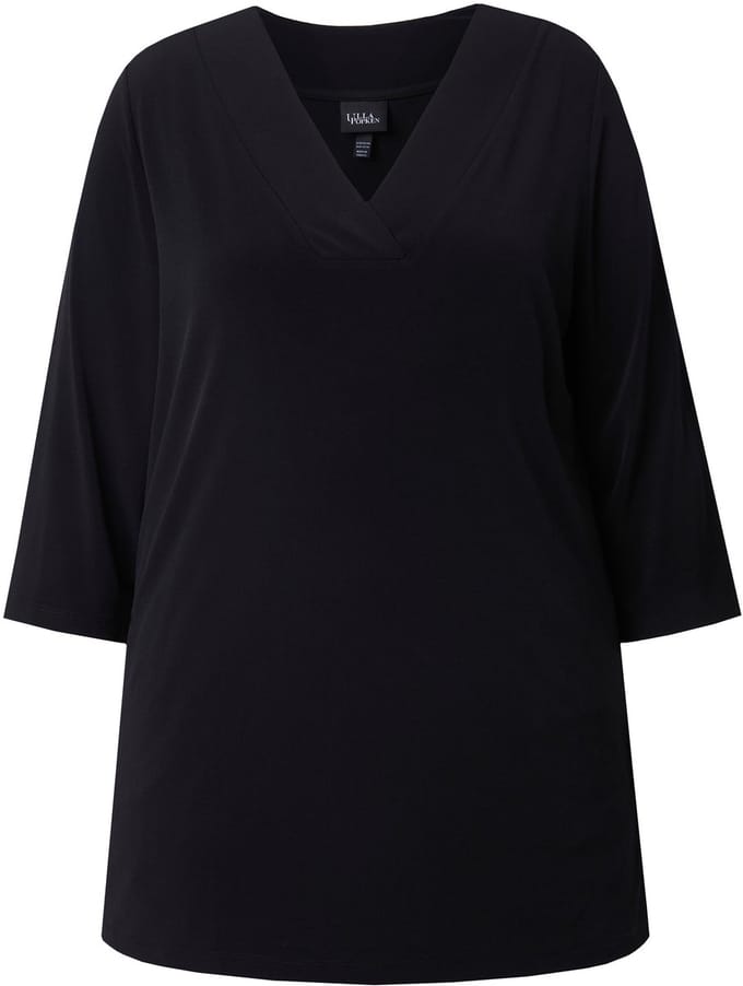 Ulla Popken - Dames - Longshirt A-lijn V-hals 3/4-mouwen - Zwart - Maat 66+