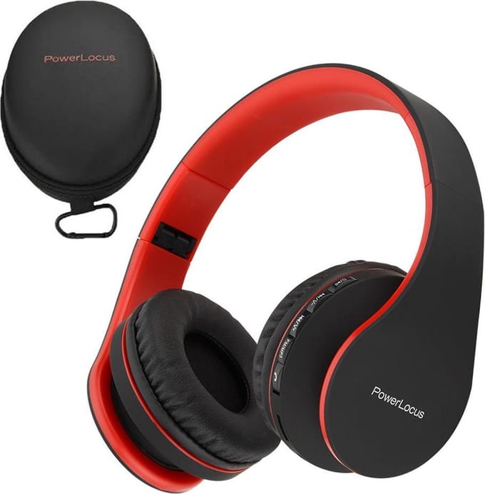 PowerLocus P1 Bluetooth Koptelefoon – Draadloos – Over Ear – Met Microfoon – Inklapbaar - incl. Hoes – Zwart/Rood