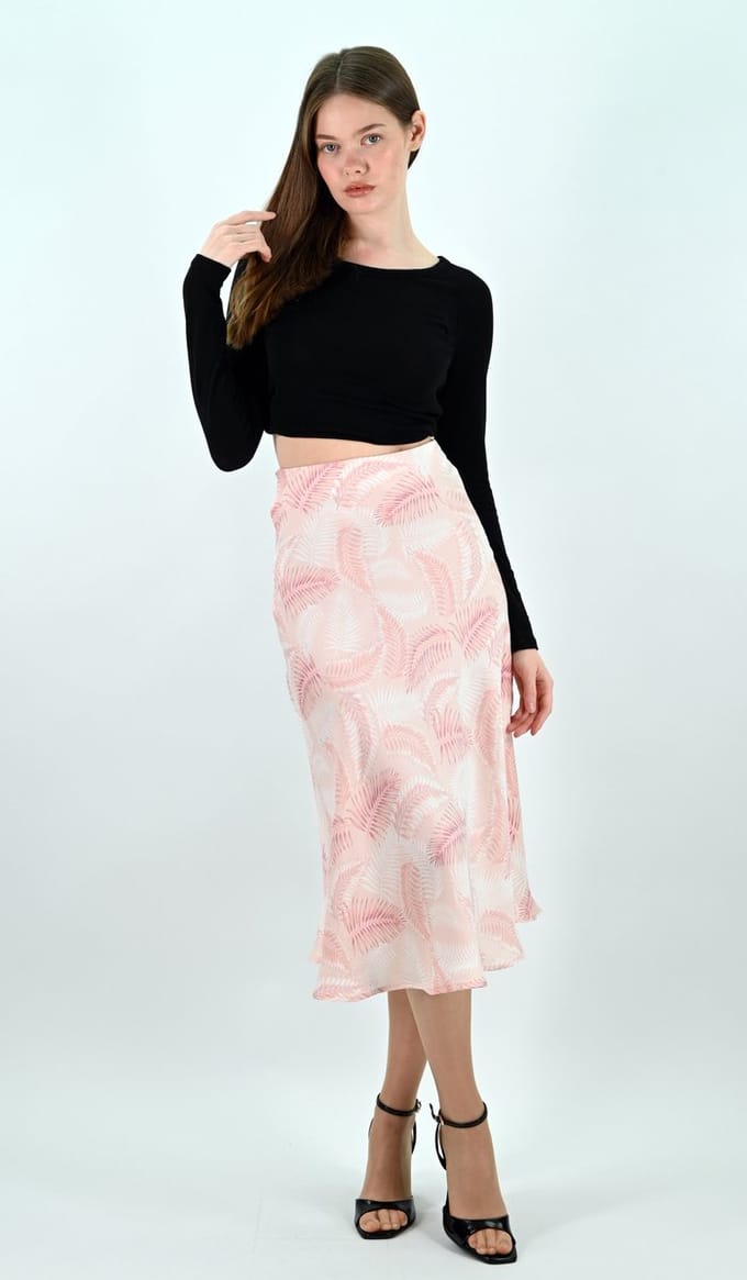 YesMooi - Satijnen Midirok - Lichtroze - Palmprint - L (40)
