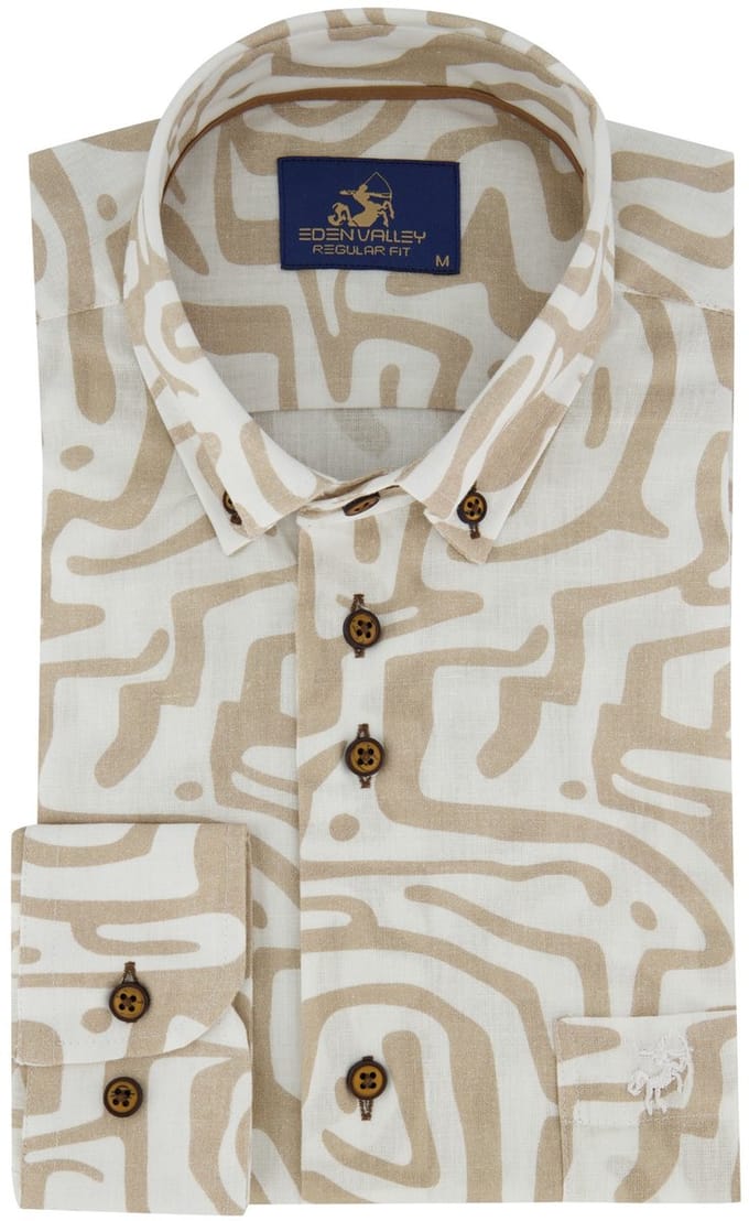 beige regular fit overhemd Eden Valley borstzak linnen geprint