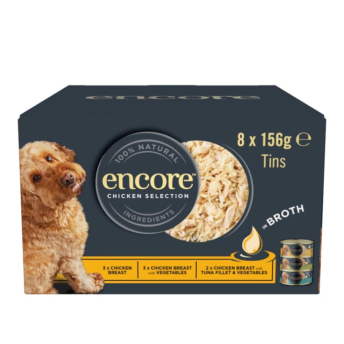 8x156g Kip selection Encore blikmix in bouillon Natvoer voor honden