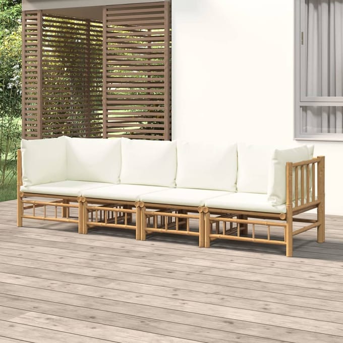 vidaXL - 4-delige - Loungeset - met - kussens - bamboe - crèmewit