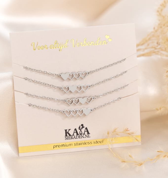 Zussen armbanden set vier hartjes | Stainless Steel Zilver