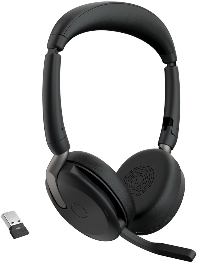 Jabra Evolve2 65 Flex Link380c MS On Ear headset Bluetooth Stereo Zwart Noise Cancelling Headset, Microfoon uitschakelbaar (mute), Volumeregeling,