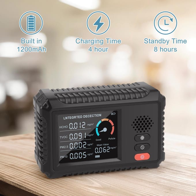 Luchtkwaliteitsmonitor Formaldehydedetector TVOC PM2.5/PM10-tester Multifunctionele luchtgasdetector zwart