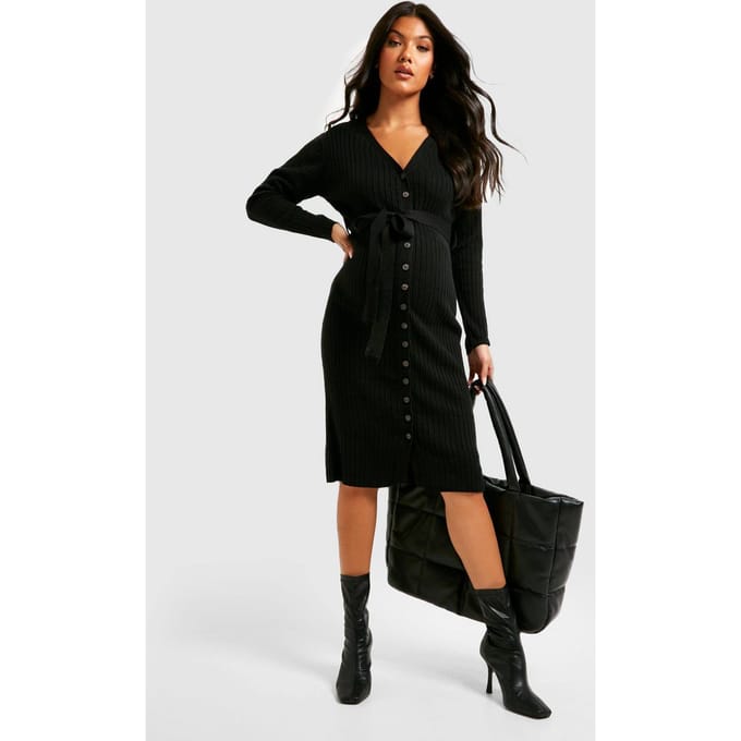 boohoo Dames Zwangerschaps button-down gebreide midi jurk | Zwart | Maat: 44