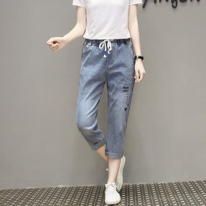 Grote Maat Elastische Taille Geborduurde Cropped Jeans Dames Hoge Taille Stretch Harembroek 5XL gray