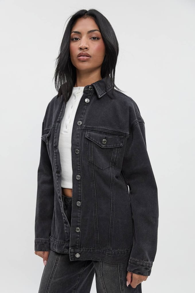 boohoo Dames Denim jasje met getailleerde taille | Washed Black | Maat: 14