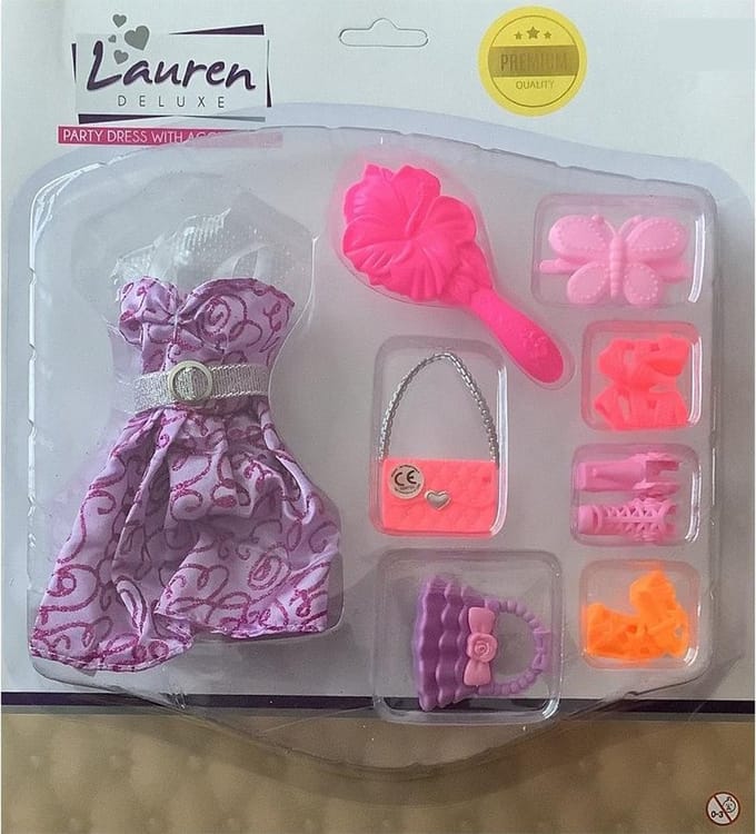 Tienerpop Kleding Outfit Jurk + Accessoires Paars - Handtas - Schoenen - Hakken