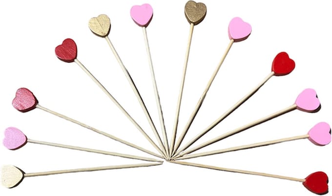 Set van 12 bamboe prikkers met hartje, 12 cm lang.