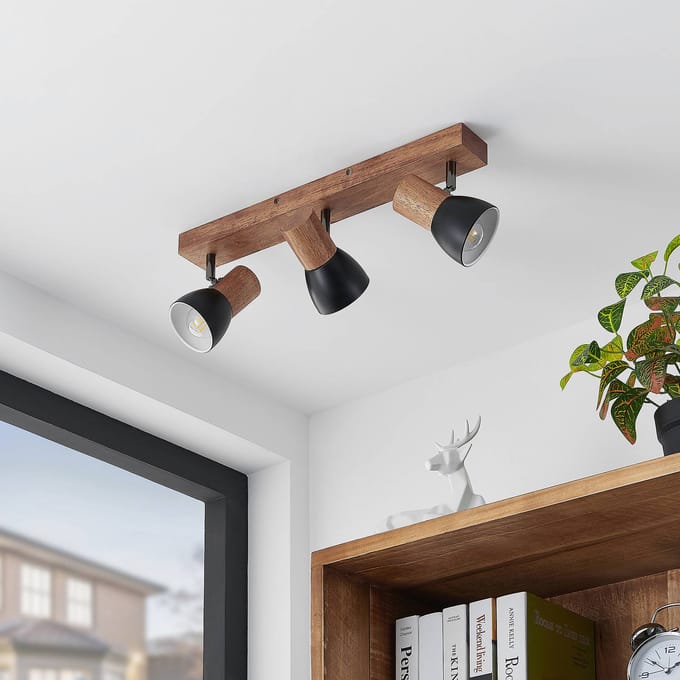 Lindby - buitenspot - 3lichts - Staal, rubberhout - H: 14.5 cm - E14 - zwart, licht hout