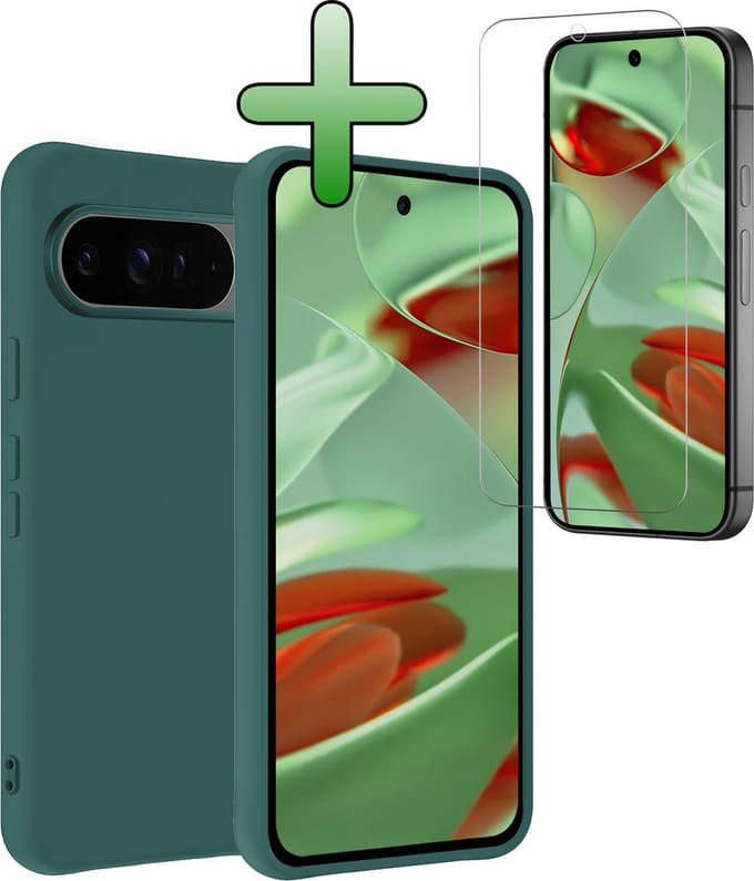 Hoesje Met Screenprotector - Geschikt voor Google Pixel 9 Pro - Sterk & Shockproof - Back Cover - Siliconen Case - Telefoon Hoes - Donkergroen