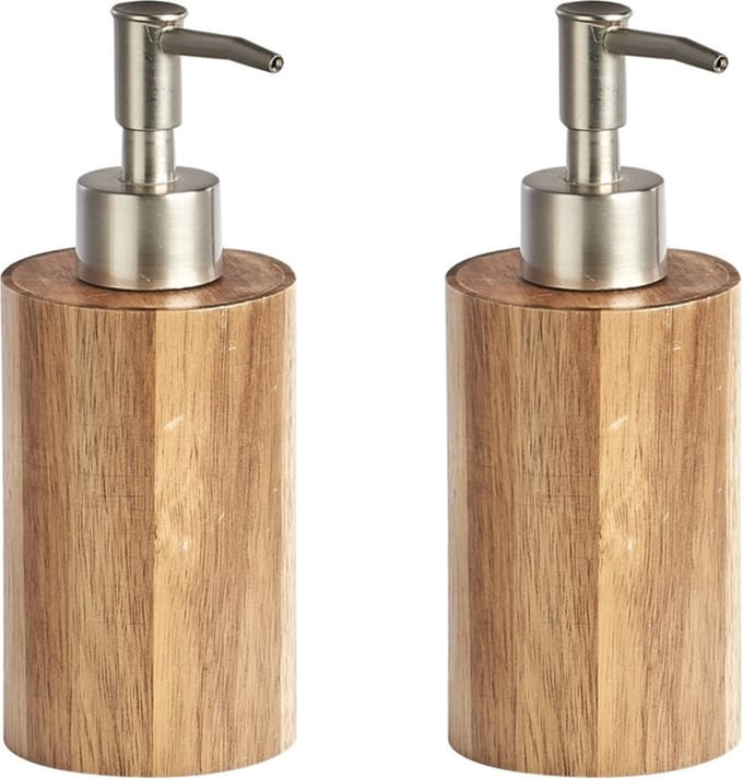 Zeller zeeppompje/dispenser - 2x - acacia hout - D7 x H18 cm