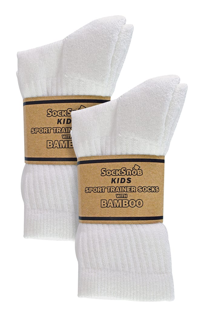 Sock Snob - 6 Paar Multipack Jongens Bamboe Sport Sokken | Crew Kinderen Sokken - Wit