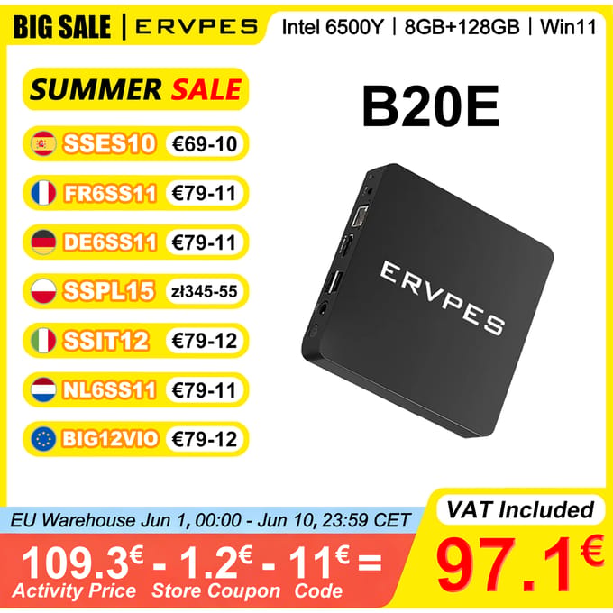 Ervpes B20E Mini Pc 8Gb Ram 128Gb Ssd Intel 6500Y Windows 11 Bt5.0 Apollo Lake Desktop Microcomputer Dual Band Wi-Fi HDMI