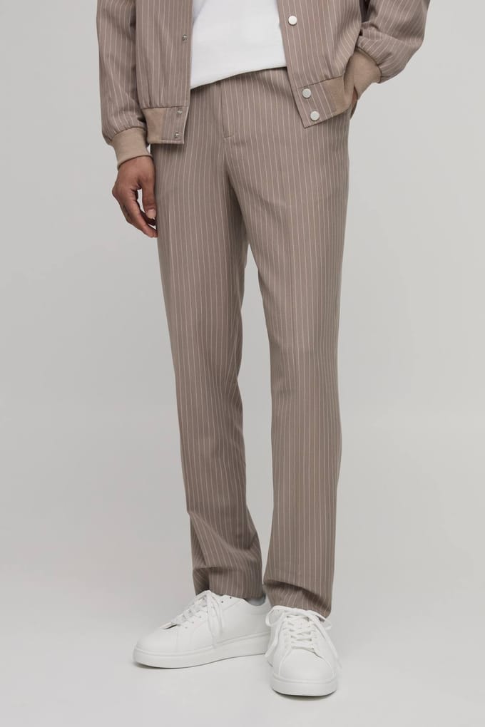 Gestreken Rechte Pasvorm Gestreepte Co-ord Broek | Taupe | Size 30